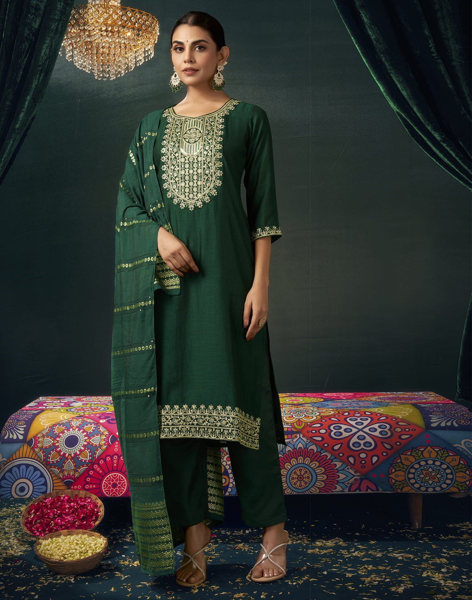 Dark Green Silk Embroidery Straight Kurta Set With Dupatta