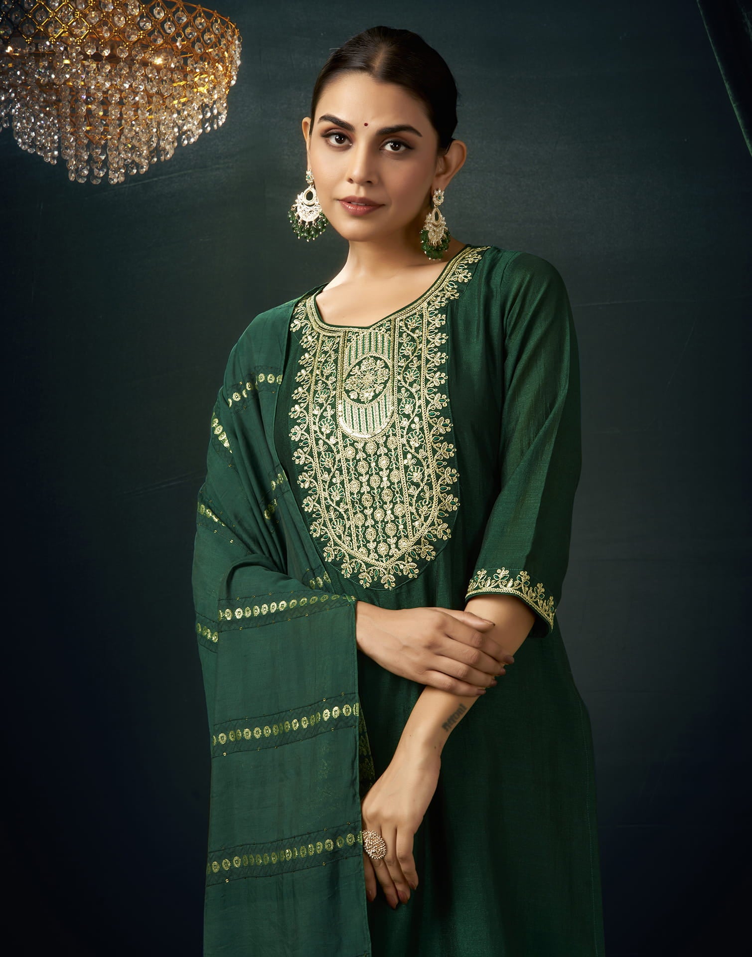 Dark Green Silk Embroidery Straight Kurta Set With Dupatta