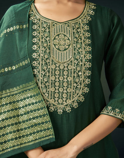 Dark Green Silk Embroidery Straight Kurta Set With Dupatta