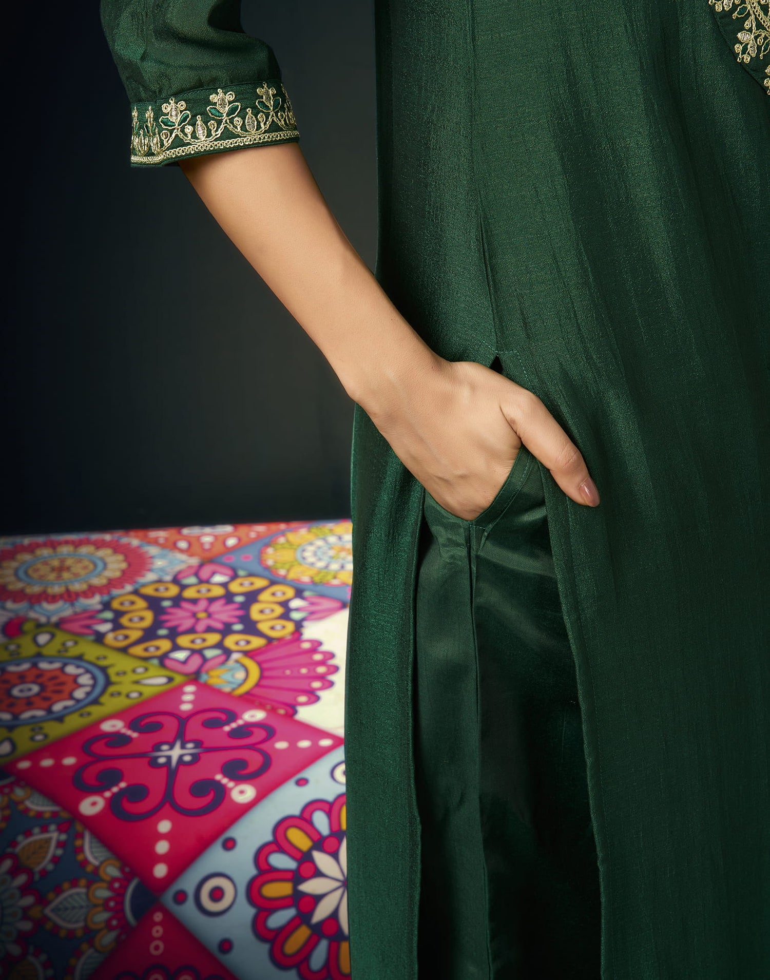 Dark Green Silk Embroidery Straight Kurta Set With Dupatta