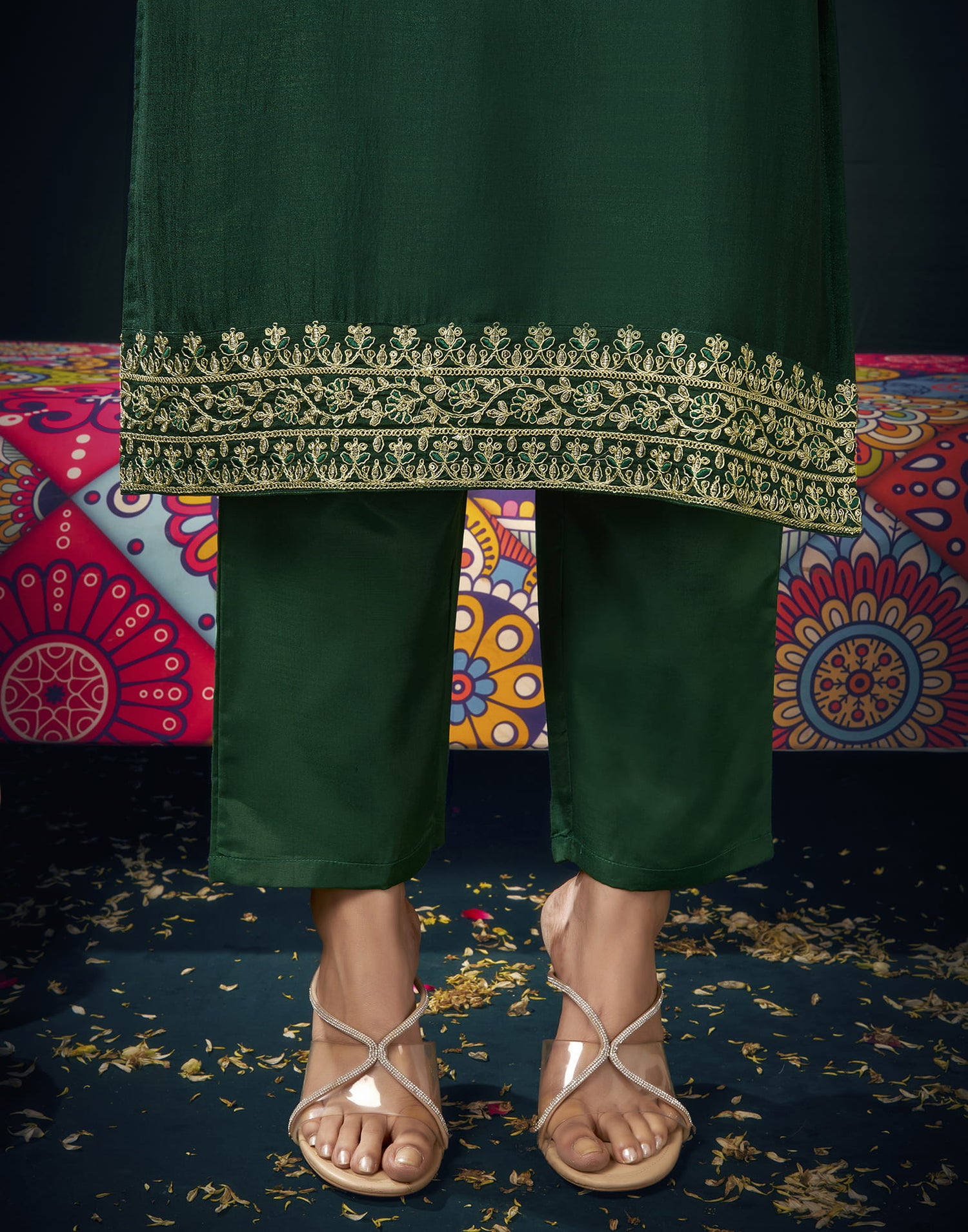 Dark Green Silk Embroidery Straight Kurta Set With Dupatta