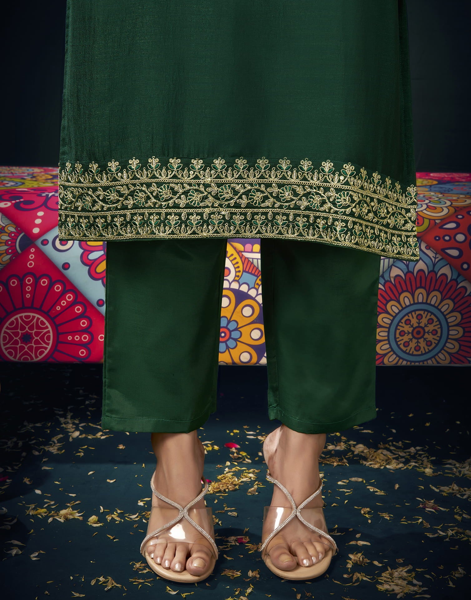 Dark Green Silk Embroidery Straight Kurta Set With Dupatta