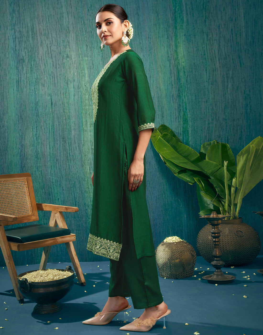 Dark Green Silk Embroidery Straight Kurta Set  With Dupatta