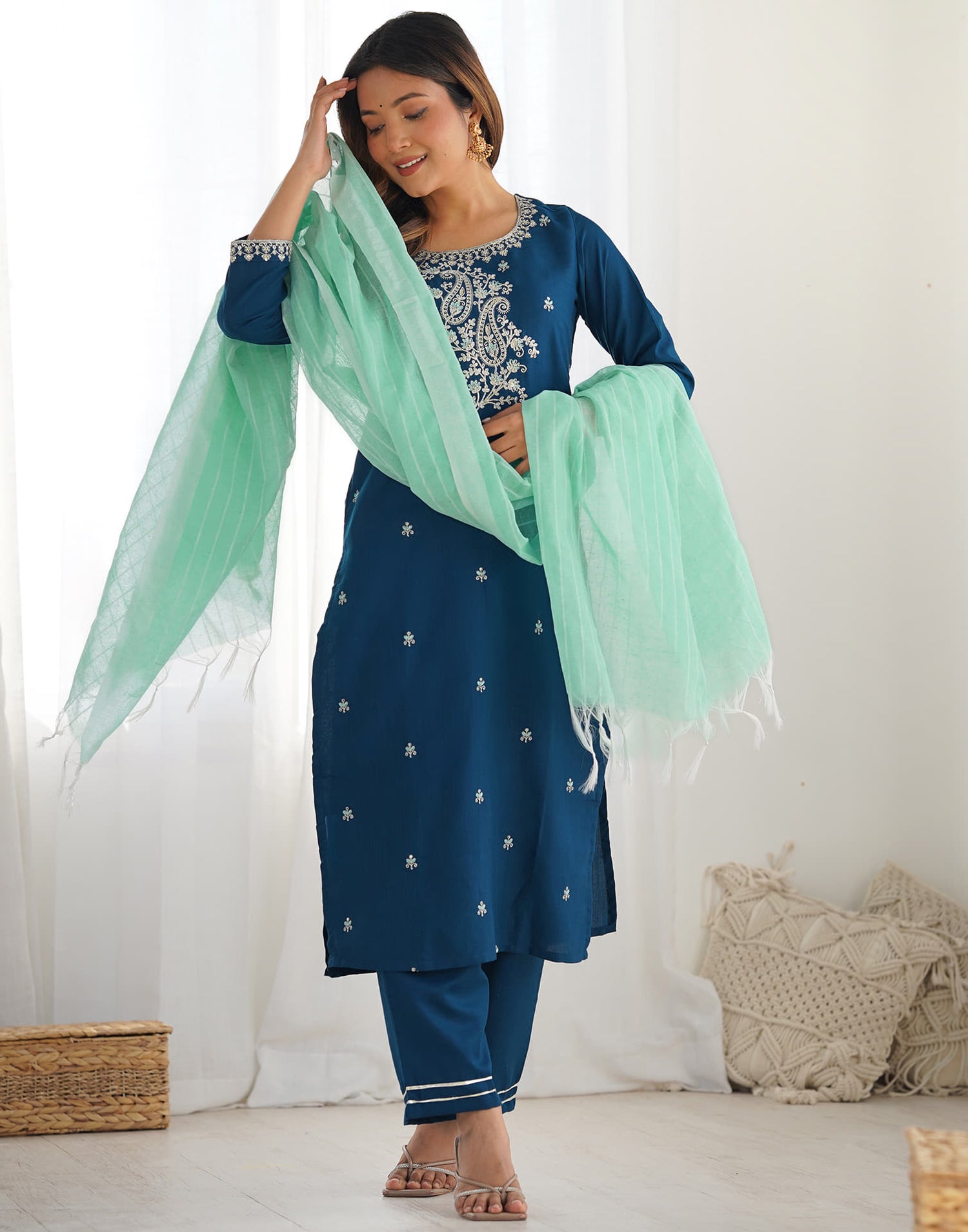 Rama Blue Cotton Embroidery Straight Kurta Set With Dupatta