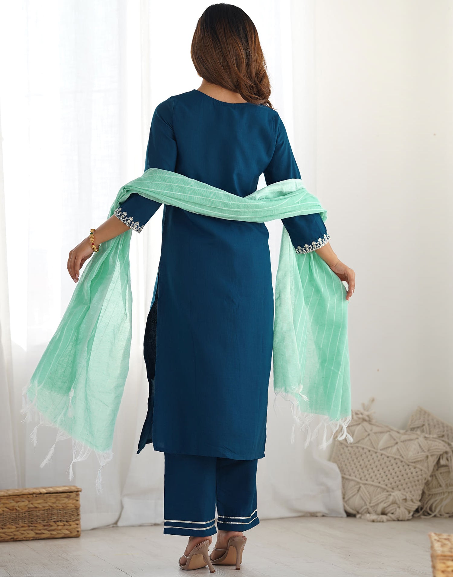 Rama Blue Cotton Embroidery Straight Kurta Set With Dupatta