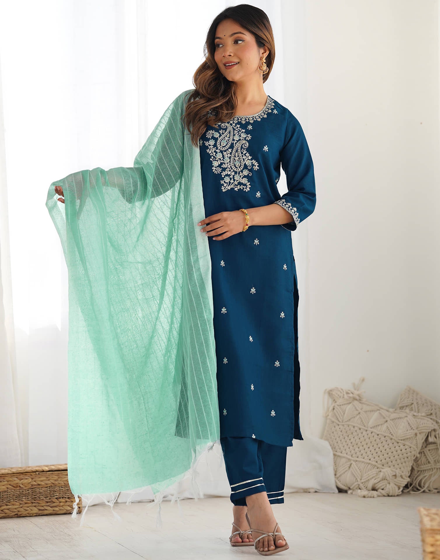 Rama Blue Cotton Embroidery Straight Kurta Set With Dupatta