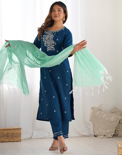 Rama Blue Cotton Embroidery Straight Kurta Set With Dupatta