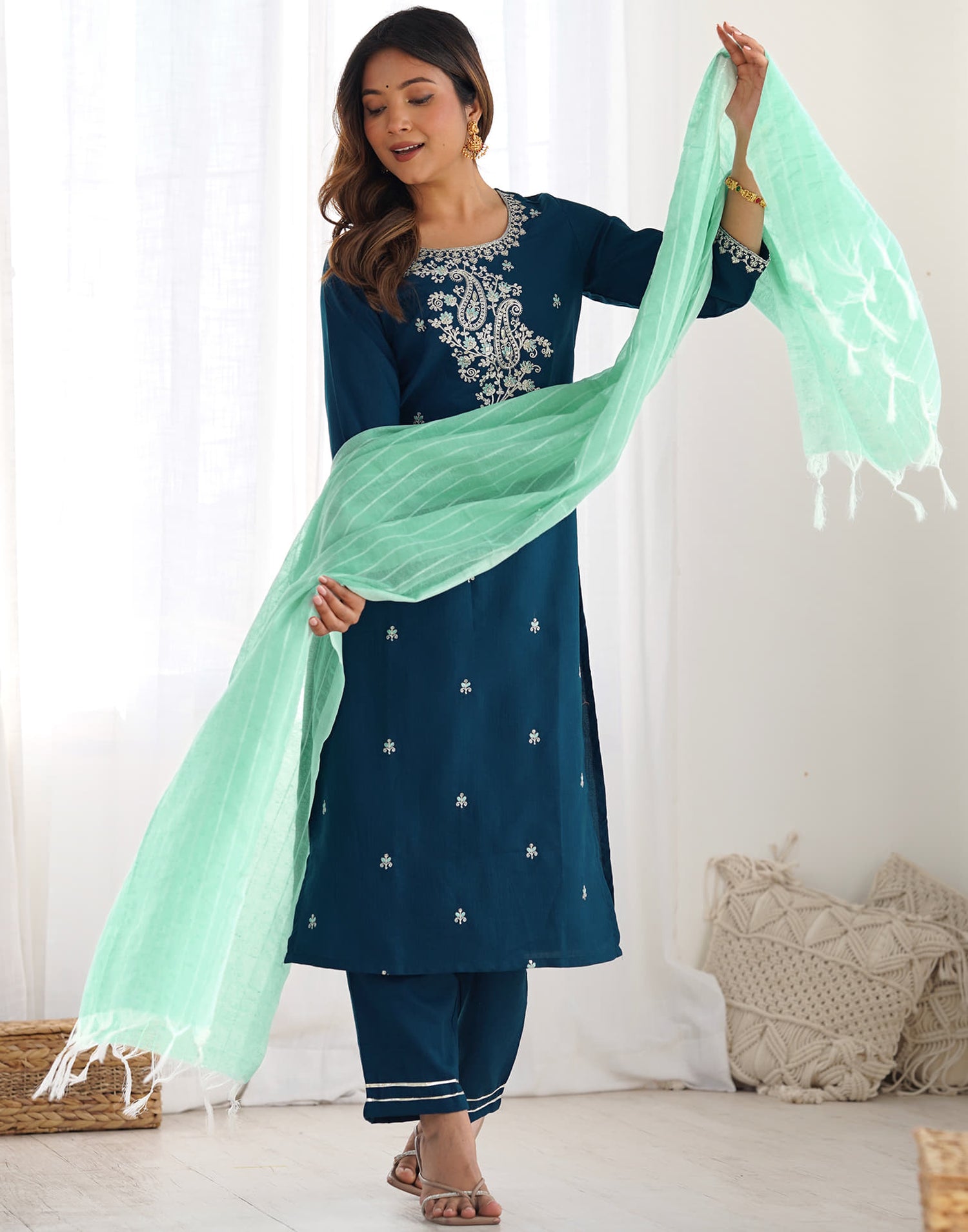 Rama Blue Cotton Embroidery Straight Kurta Set With Dupatta