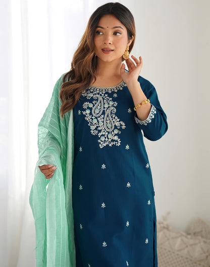 Rama Blue Cotton Embroidery Straight Kurta Set With Dupatta