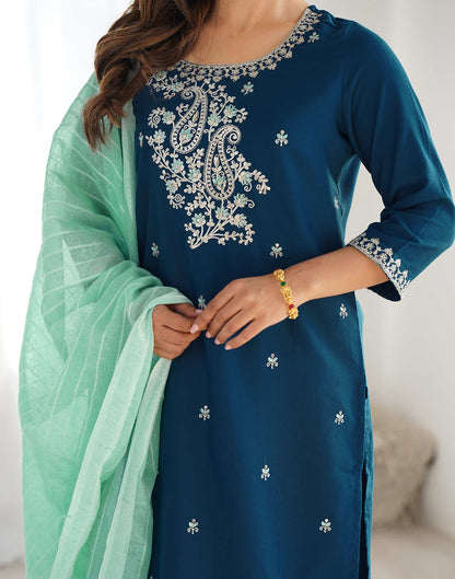 Rama Blue Cotton Embroidery Straight Kurta Set With Dupatta