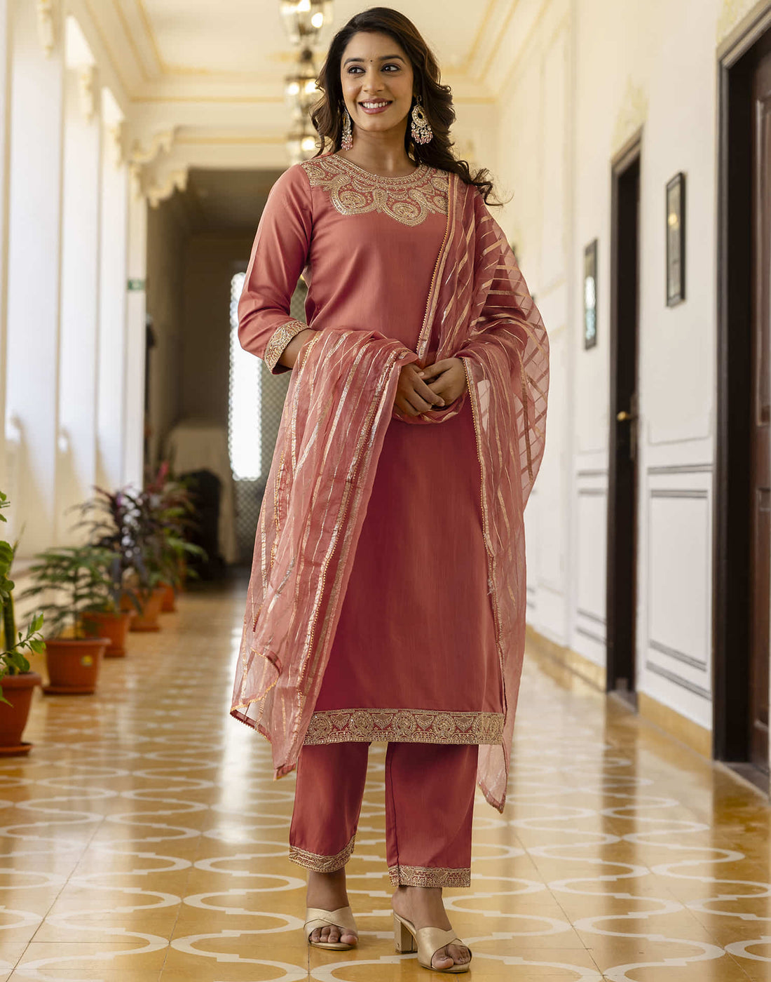 Peach Orange Cotton Embroidery Straight Kurta Set With Dupatta