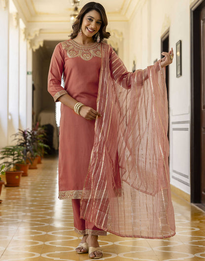 Peach Orange Cotton Embroidery Straight Kurta Set With Dupatta