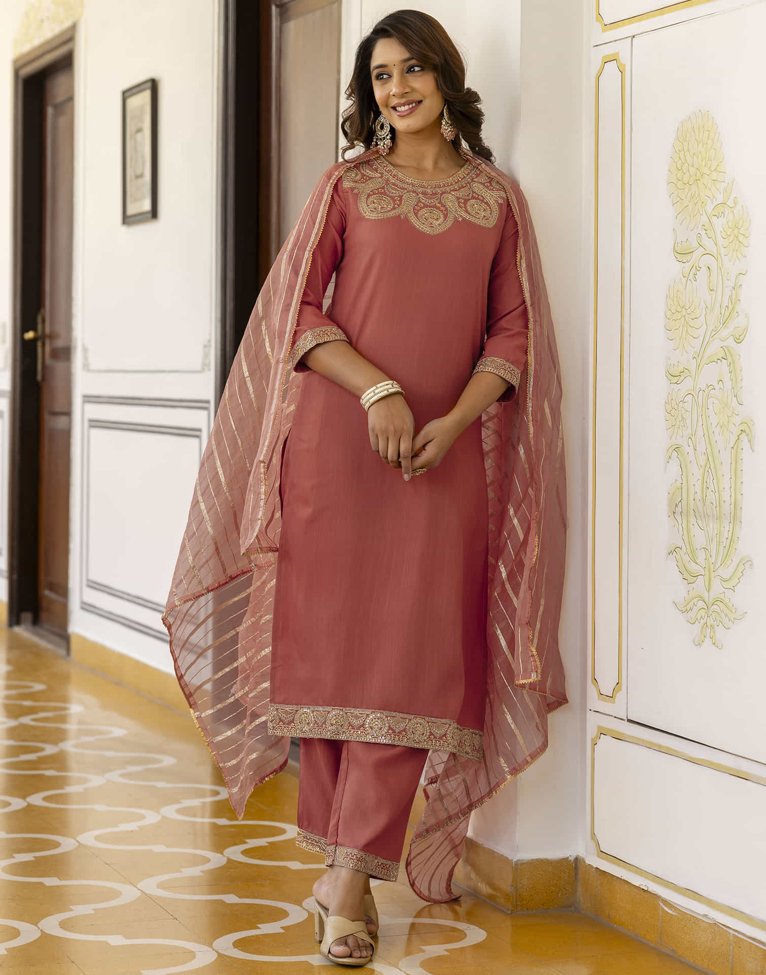 Peach Orange Cotton Embroidery Straight Kurta Set With Dupatta