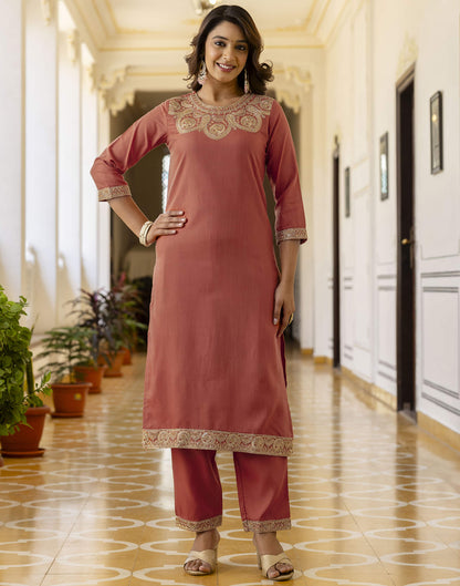 Peach Orange Cotton Embroidery Straight Kurta Set With Dupatta