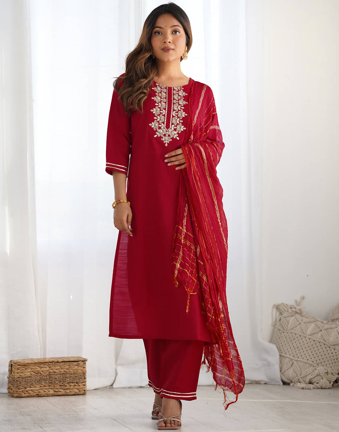 Red Cotton Embroidery Straight Kurta Set With Dupatta