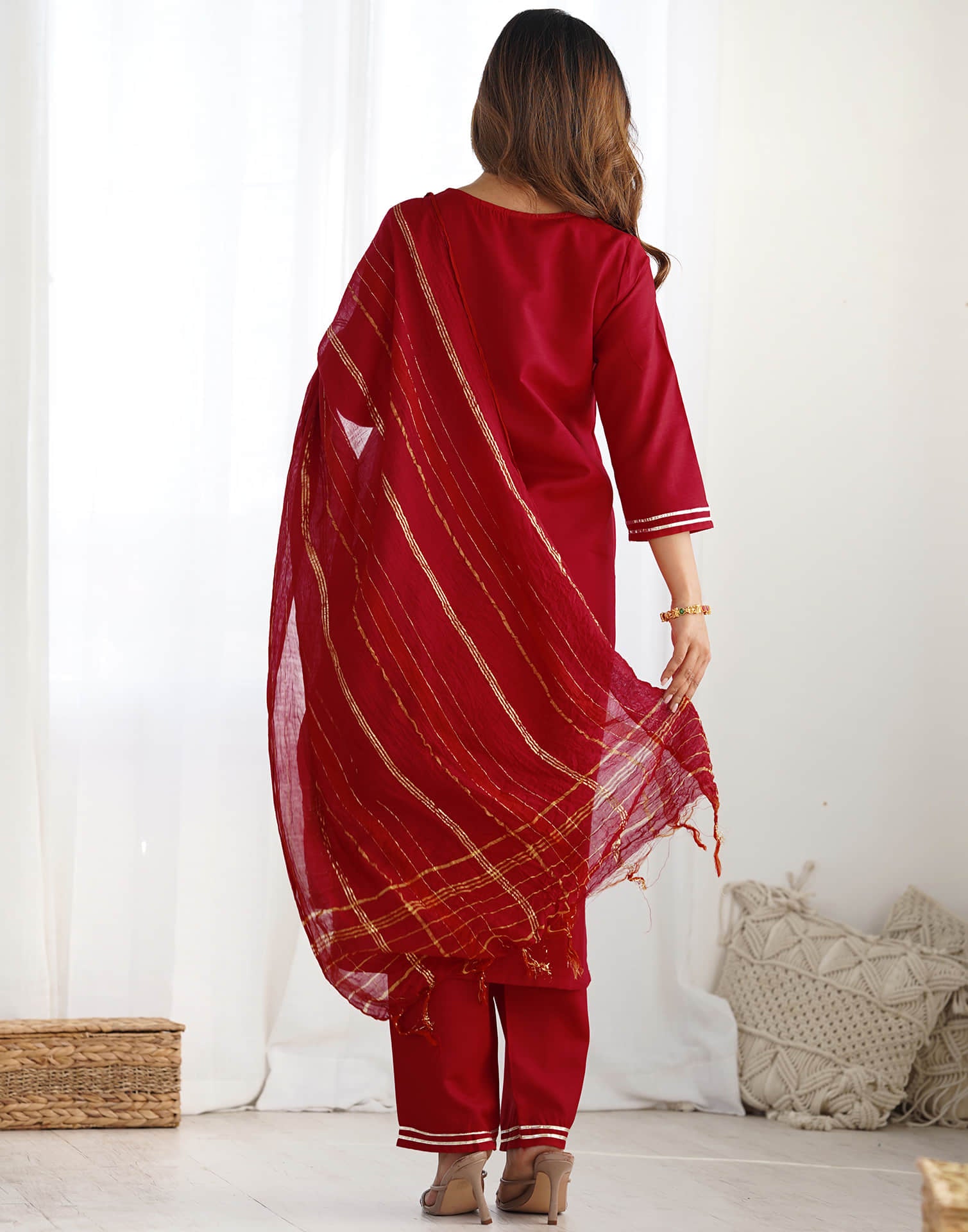 Red Cotton Embroidery Straight Kurta Set With Dupatta