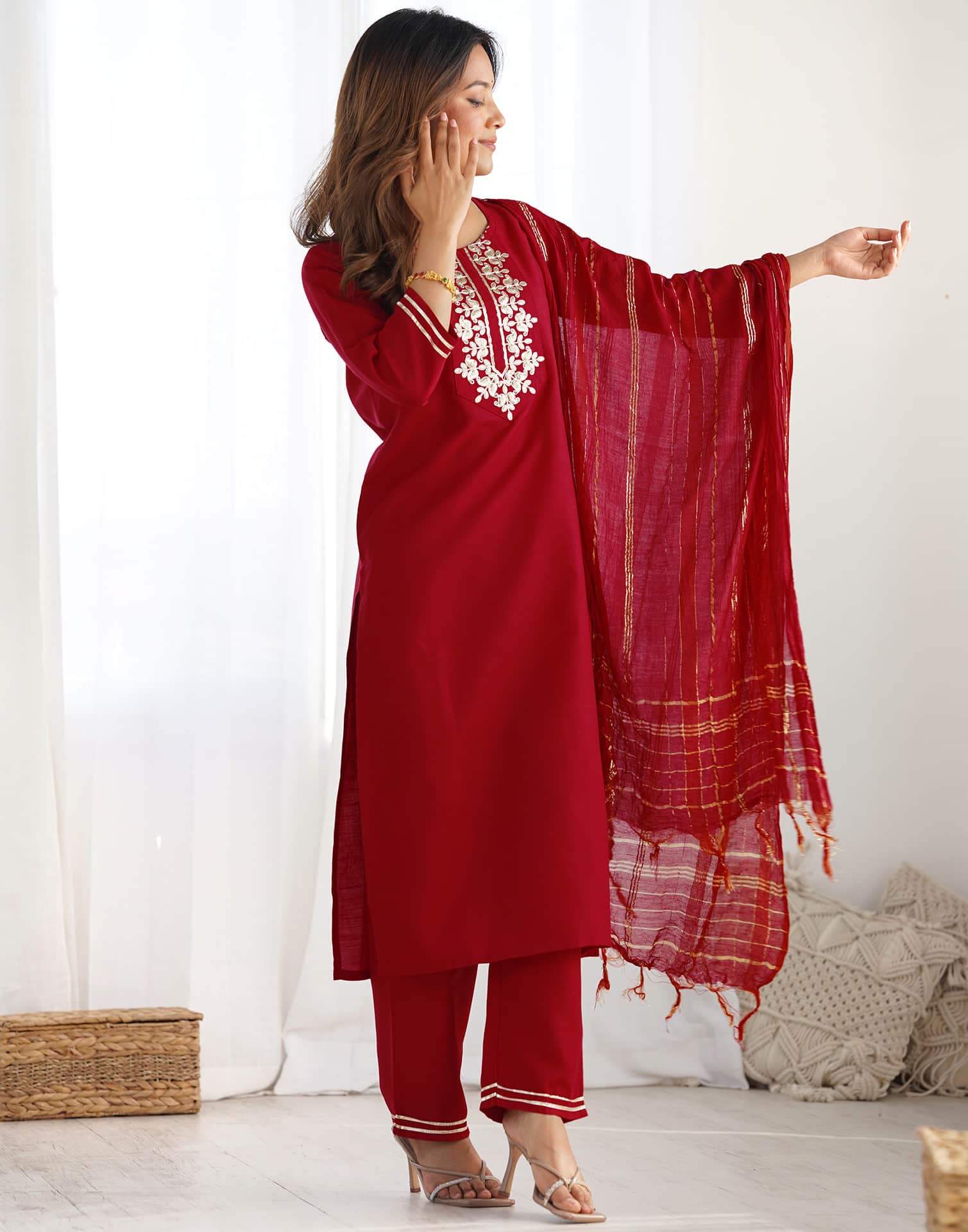 Red Cotton Embroidery Straight Kurta Set With Dupatta