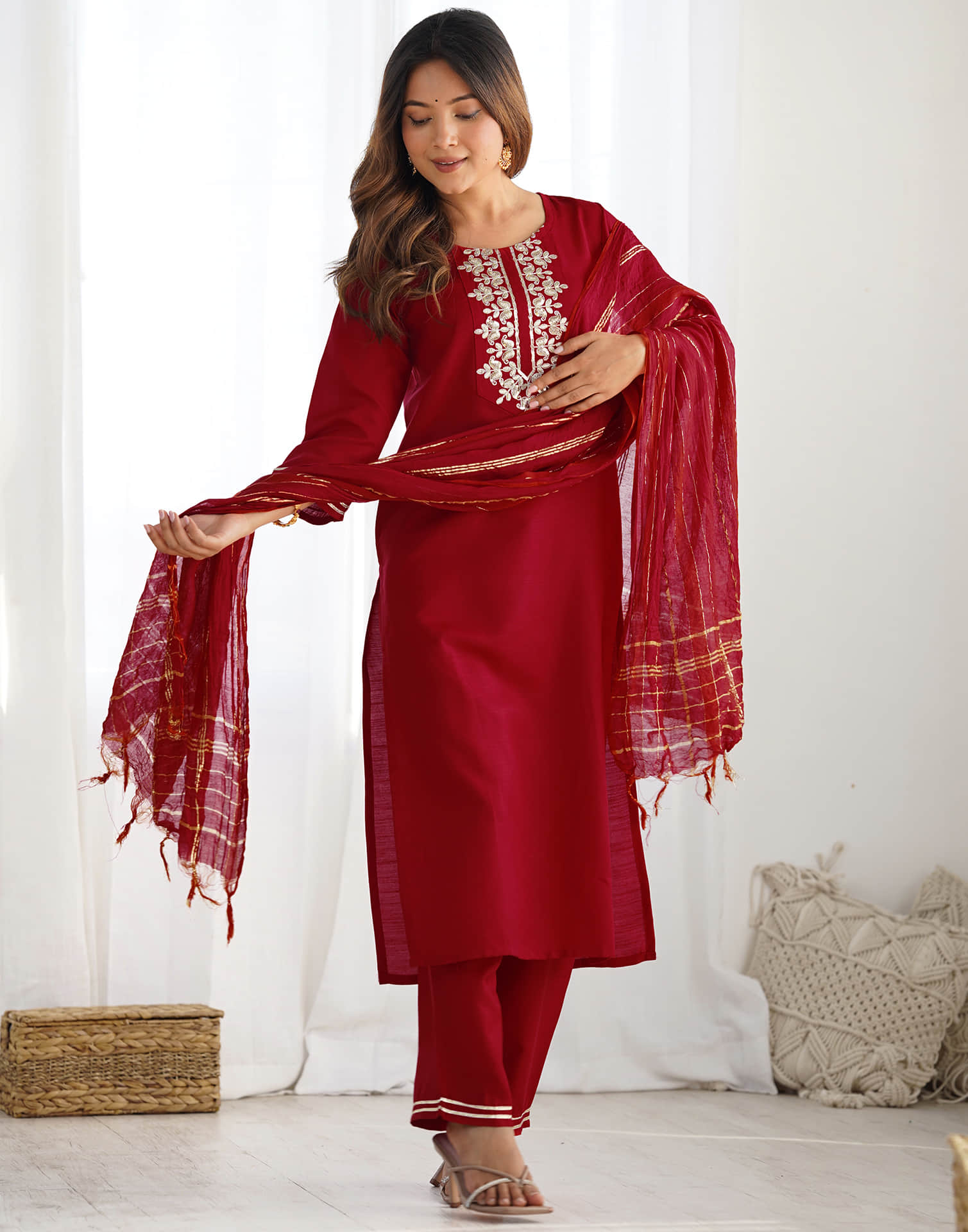 Red Cotton Embroidery Straight Kurta Set With Dupatta