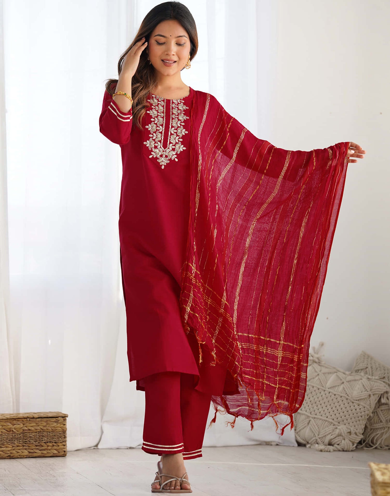 Red Cotton Embroidery Straight Kurta Set With Dupatta