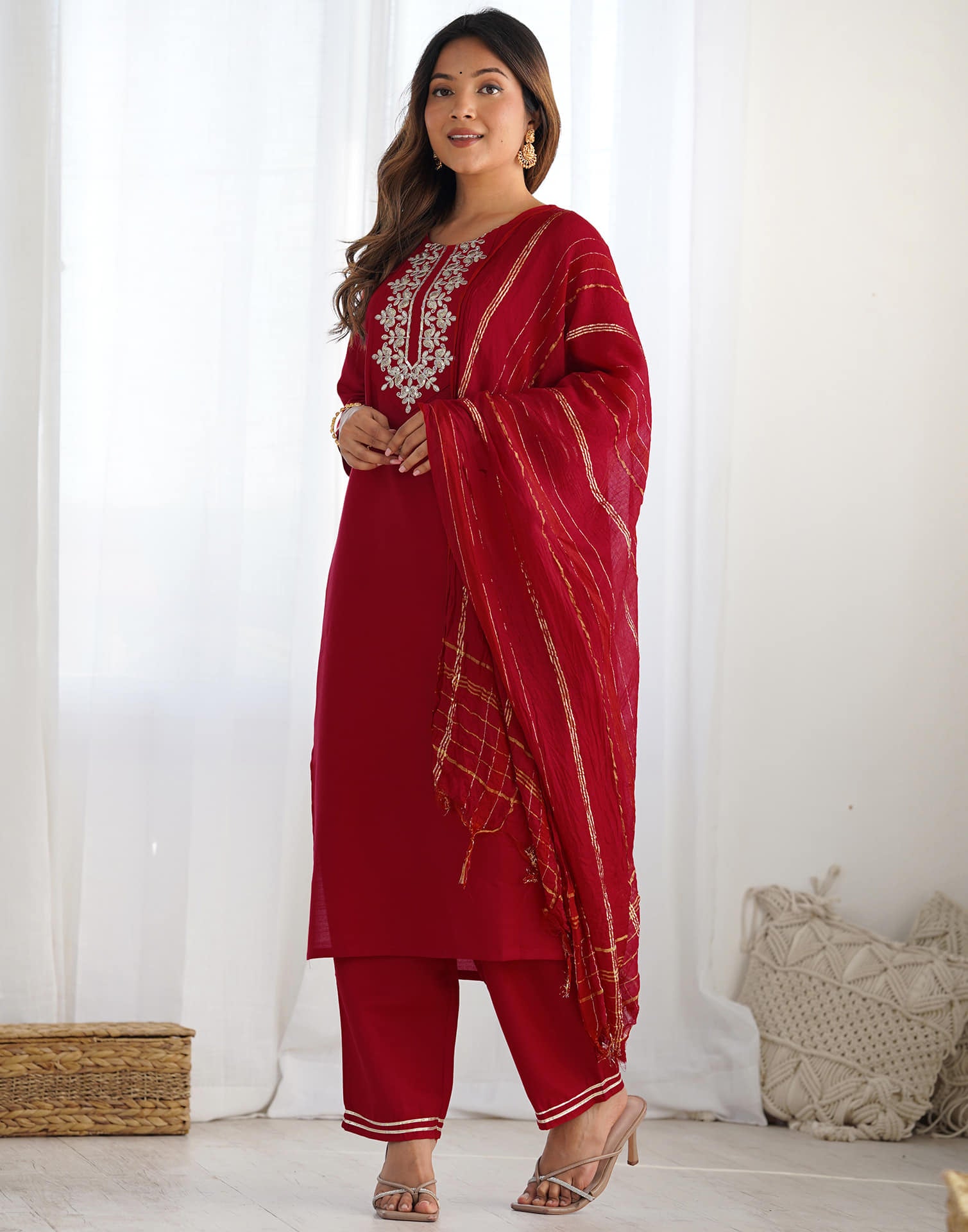 Red Cotton Embroidery Straight Kurta Set With Dupatta