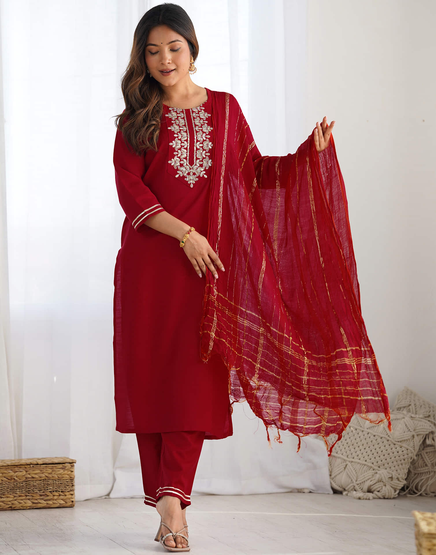 Red Cotton Embroidery Straight Kurta Set With Dupatta