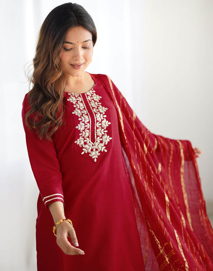 Red Cotton Embroidery Straight Kurta Set With Dupatta