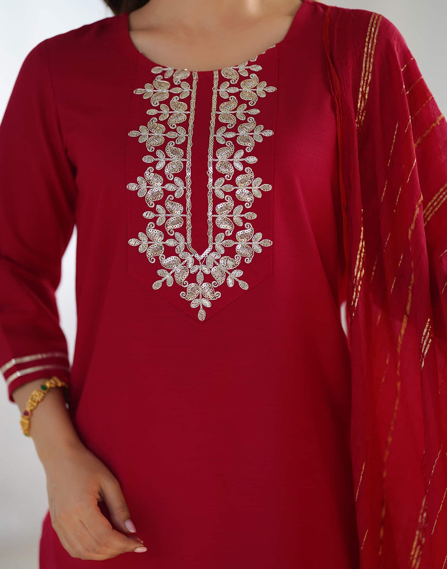 Red Cotton Embroidery Straight Kurta Set With Dupatta