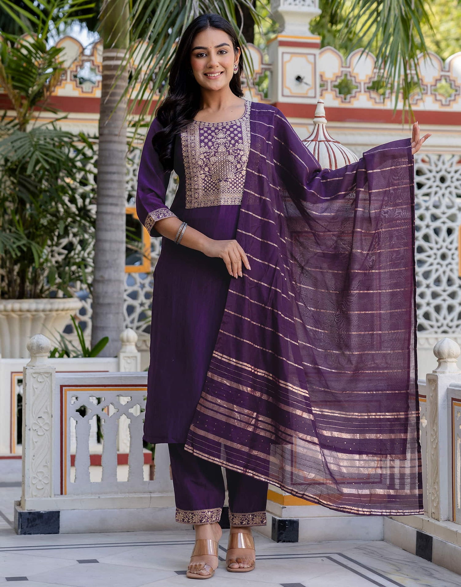 Dark Purple Chinnon Woven Straight Kurta Set With Dupatta