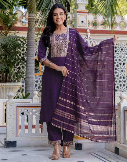 Dark Purple Chinnon Woven Straight Kurta Set With Dupatta