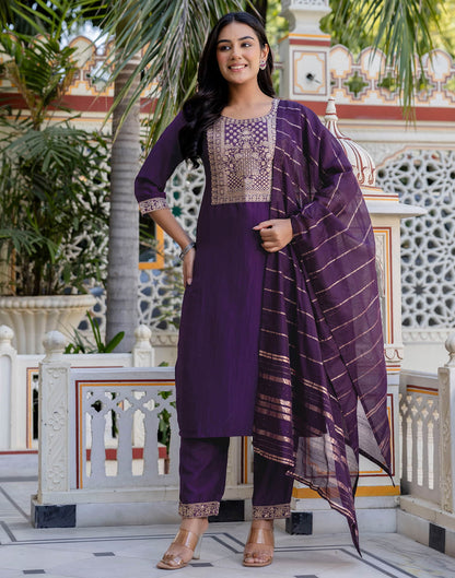 Dark Purple Chinnon Woven Straight Kurta Set With Dupatta