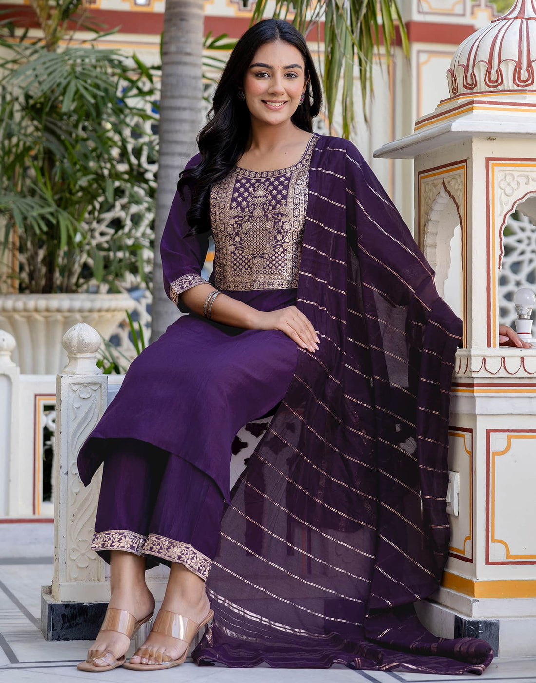 Dark Purple Chinnon Woven Straight Kurta Set With Dupatta