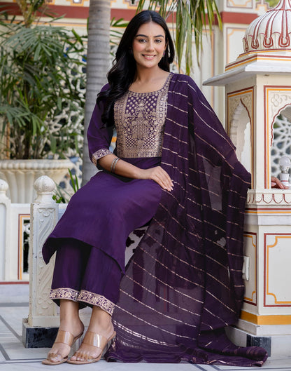 Dark Purple Chinnon Woven Straight Kurta Set With Dupatta