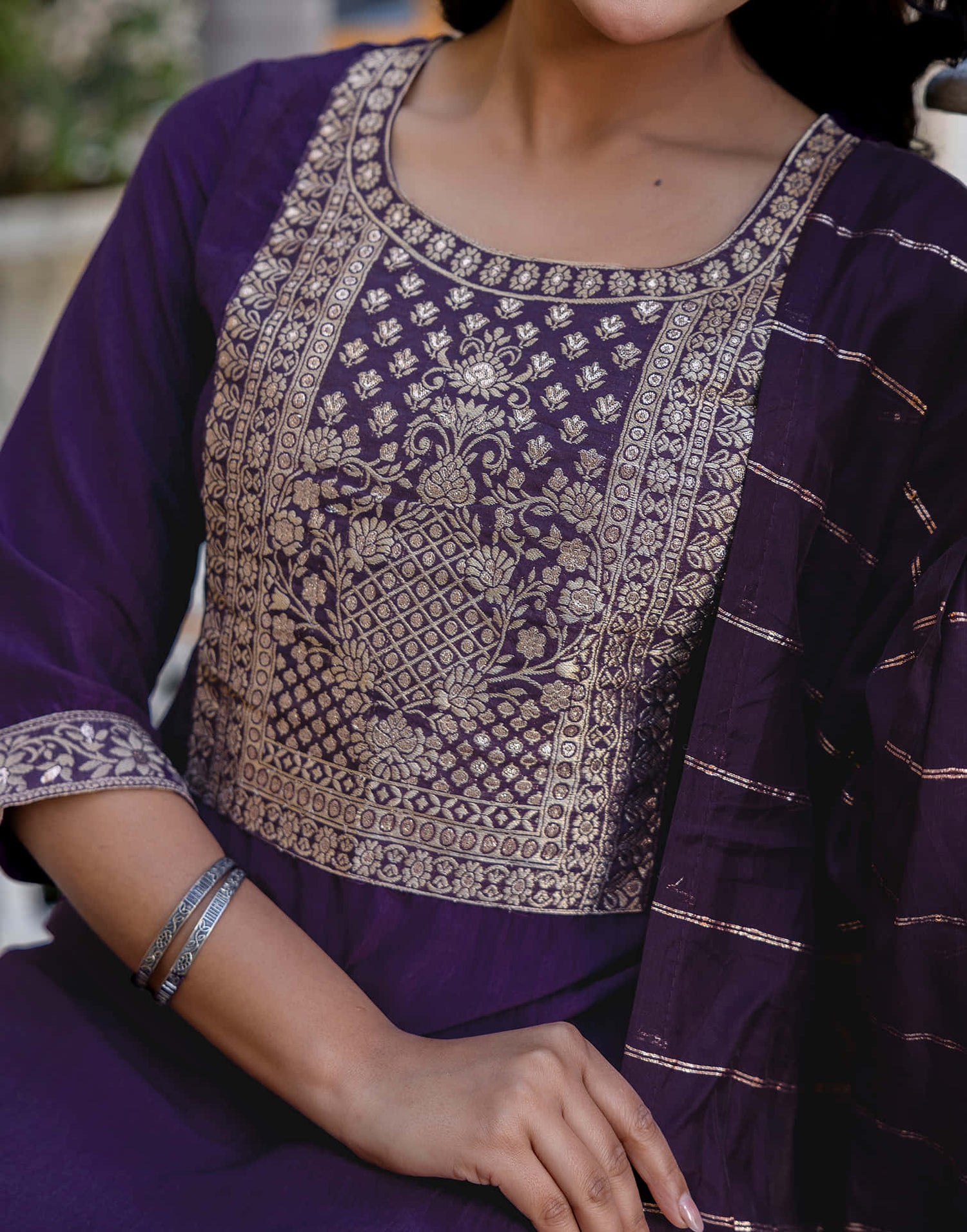 Dark Purple Chinnon Woven Straight Kurta Set With Dupatta