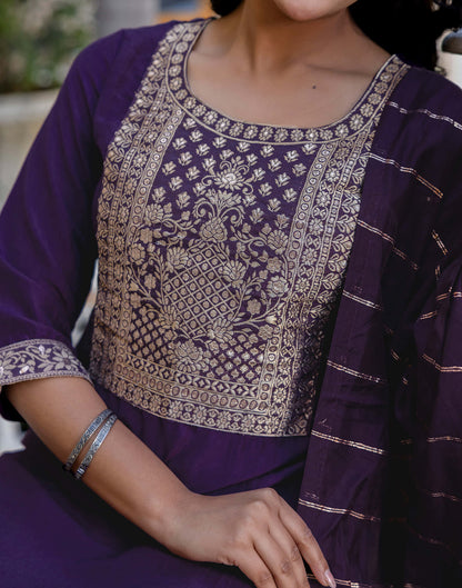Dark Purple Chinnon Woven Straight Kurta Set With Dupatta