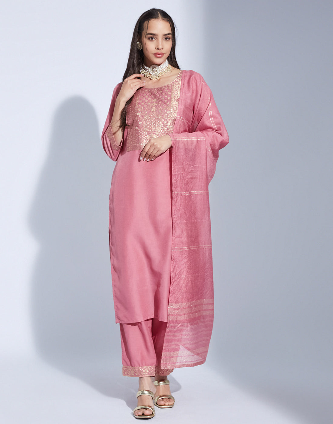 Dusty Pink Chinnon Woven Straight Kurta Set With Dupatta