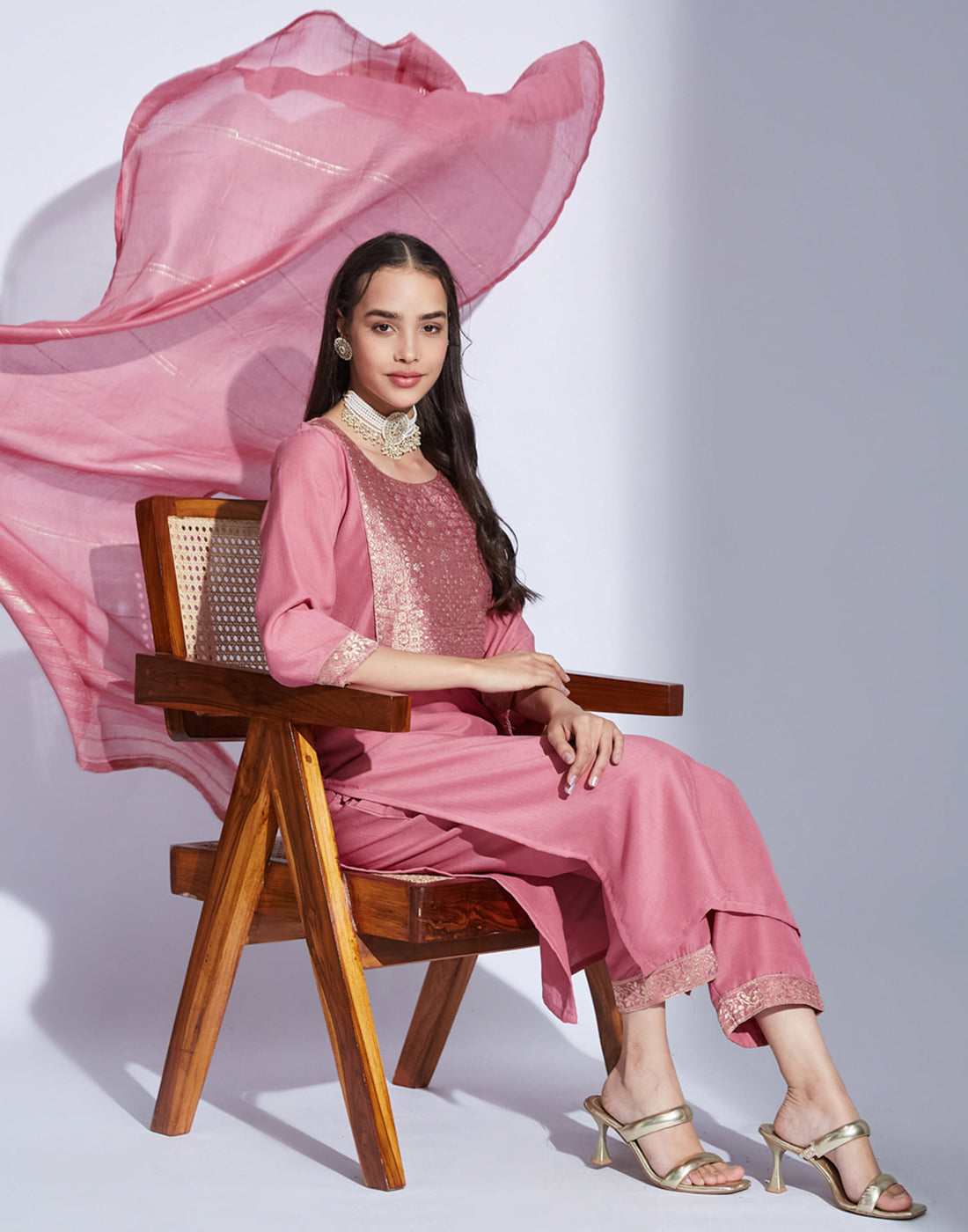 Dusty Pink Chinnon Woven Straight Kurta Set With Dupatta