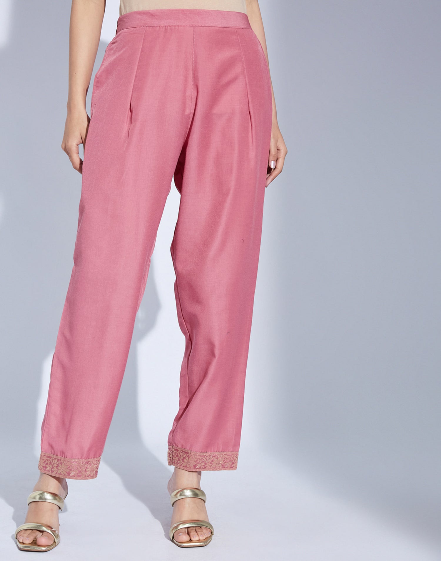 Dusty Pink Chinnon Woven Straight Kurta Set With Dupatta