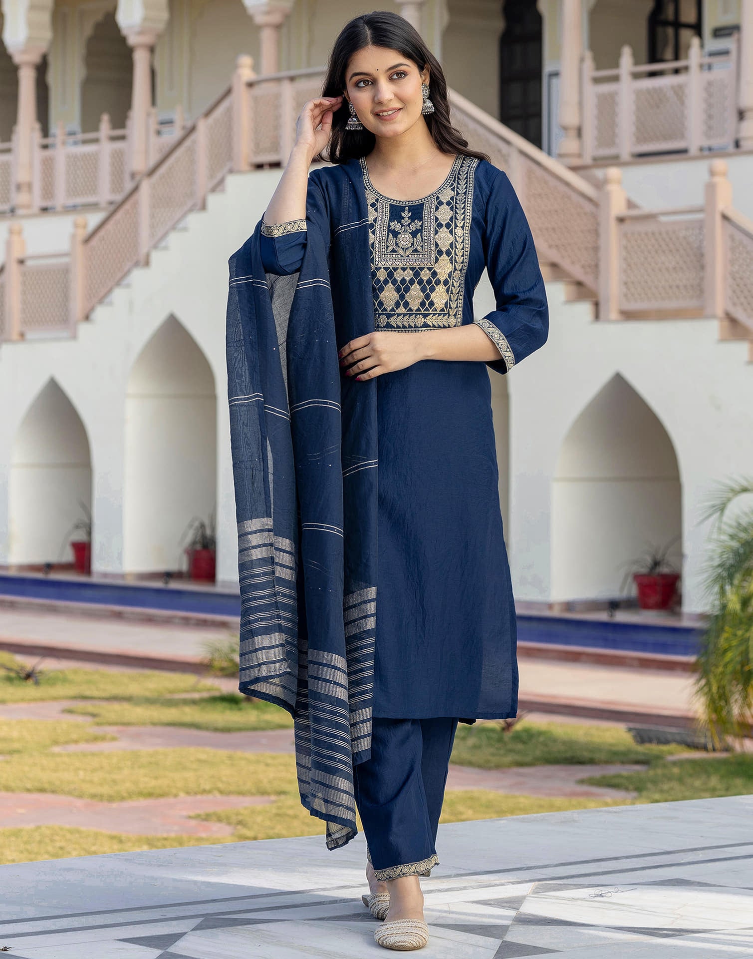 Rama Blue Chinnon Weaving Straight Kurta Set With Dupatta