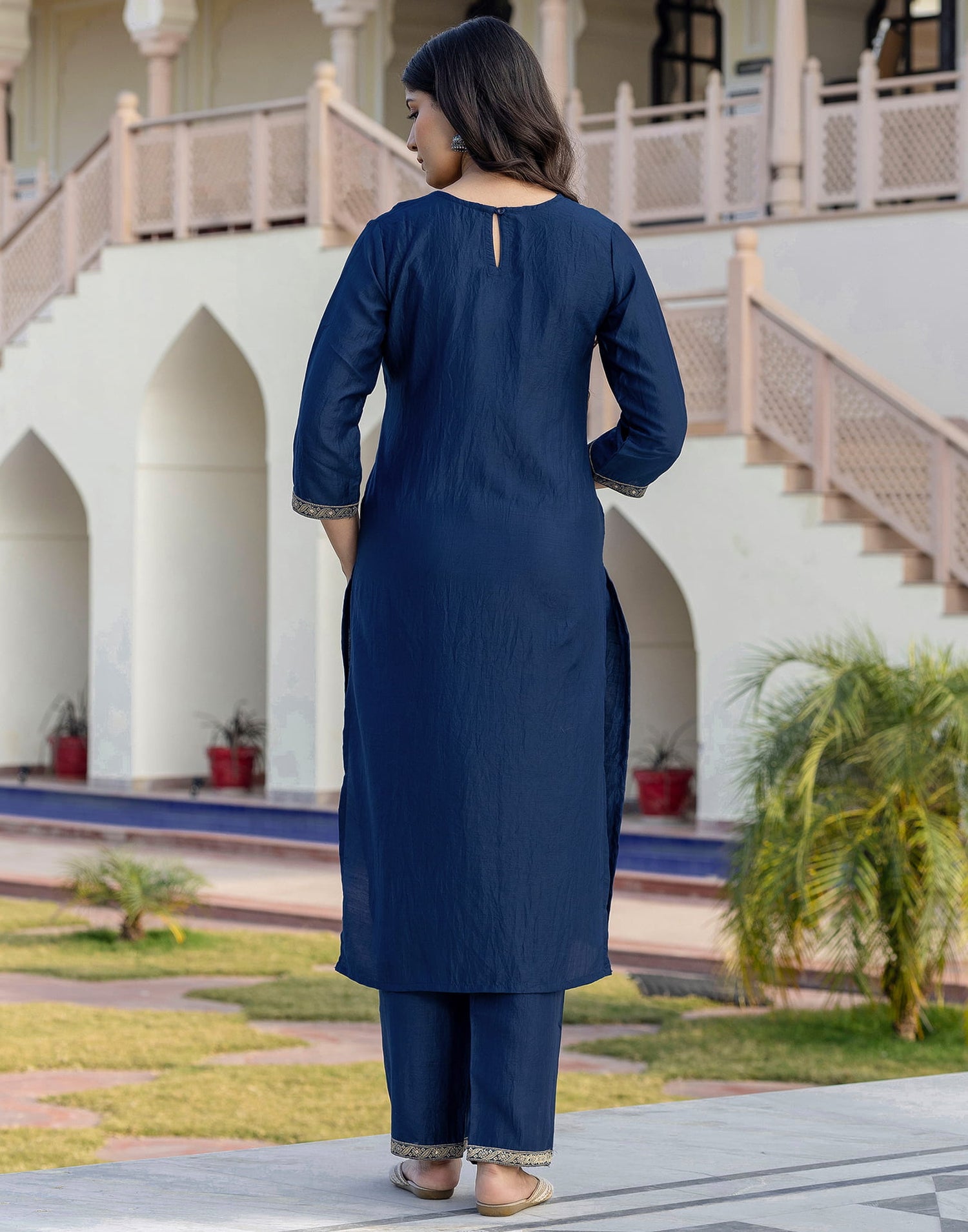 Rama Blue Chinnon Weaving Straight Kurta Set With Dupatta