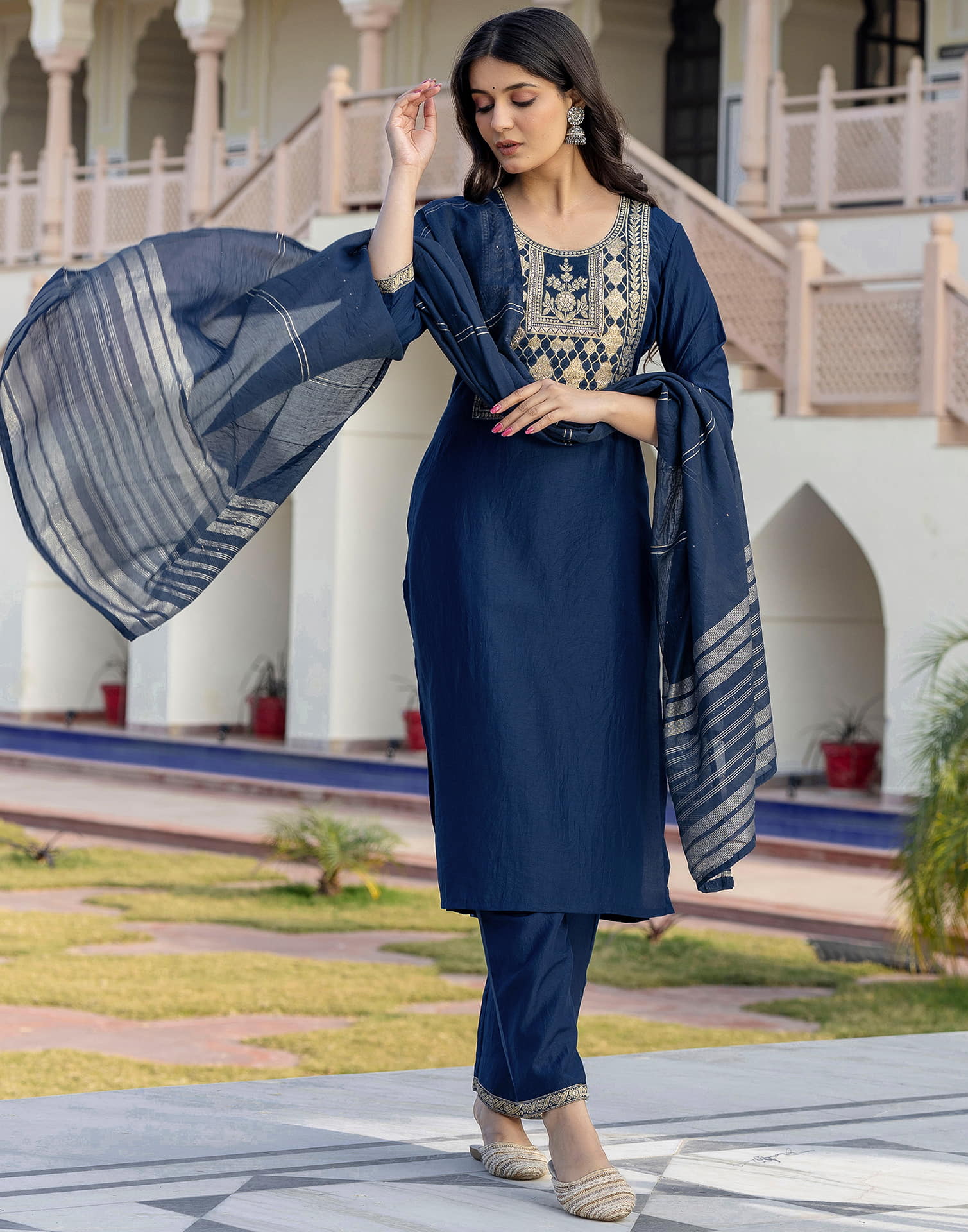 Rama Blue Chinnon Weaving Straight Kurta Set With Dupatta