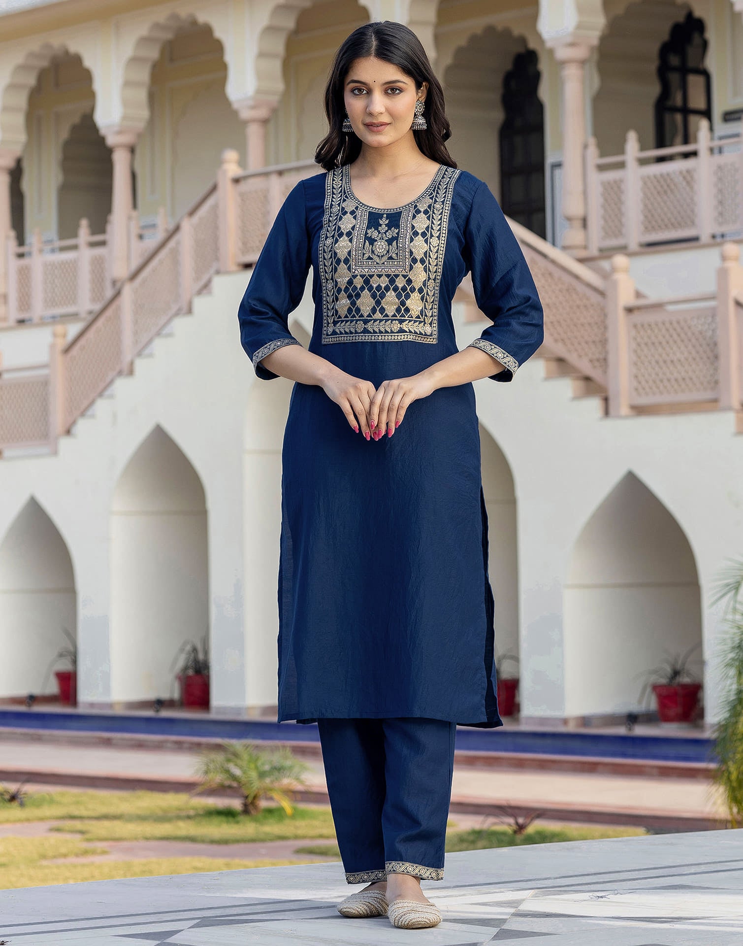 Rama Blue Chinnon Weaving Straight Kurta Set With Dupatta