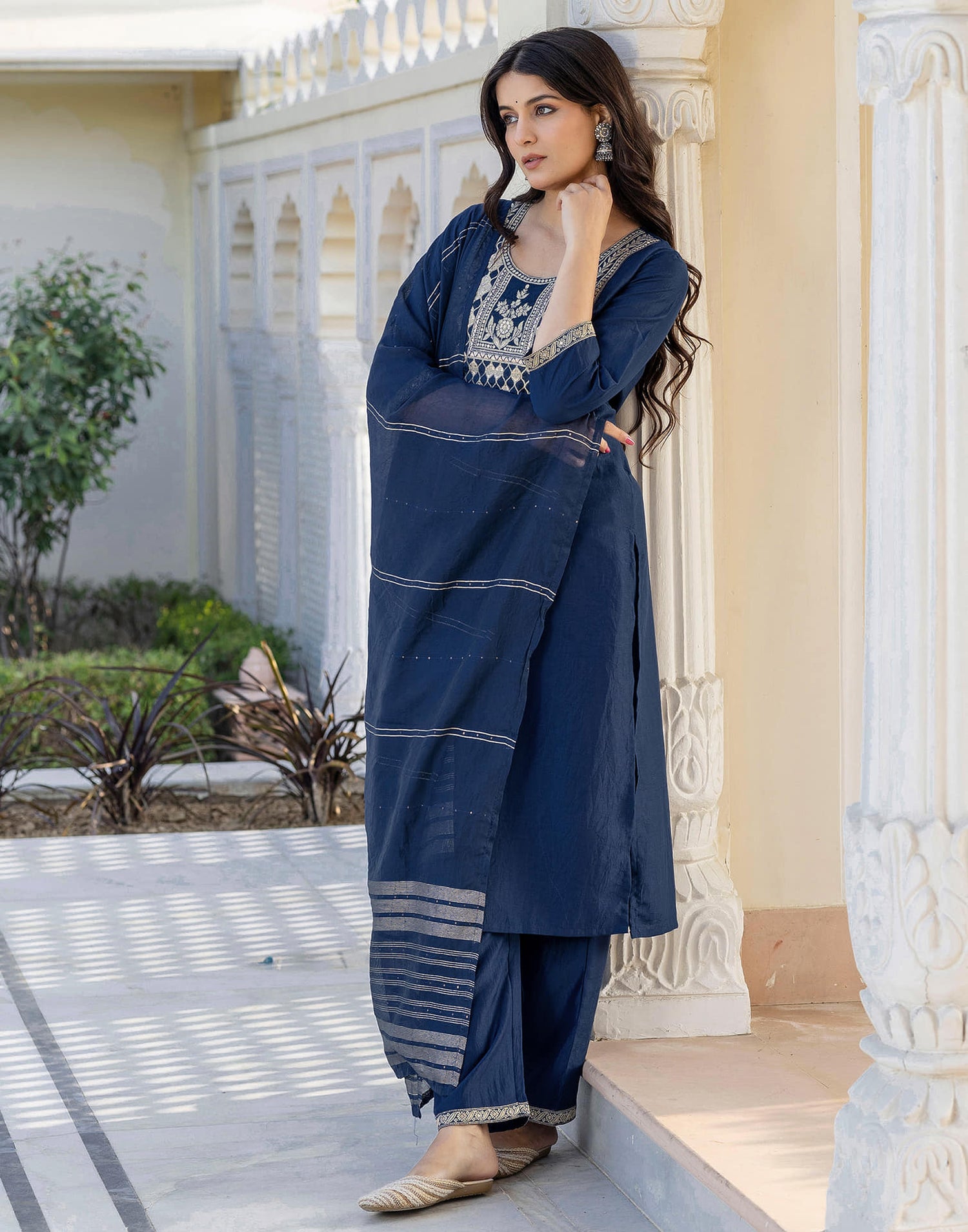 Rama Blue Chinnon Weaving Straight Kurta Set With Dupatta