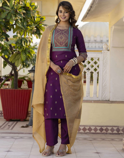 Wine Cotton Printed Straight Kurta Set With Dupatta