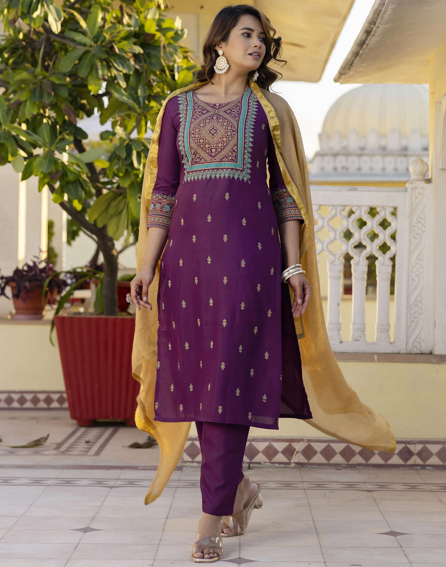 Wine Cotton Printed Straight Kurta Set With Dupatta