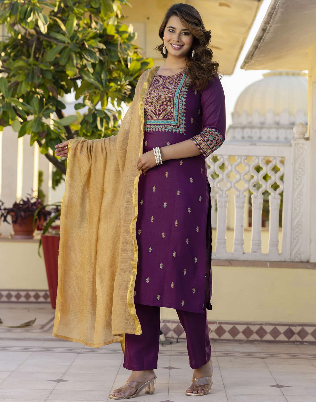 Wine Cotton Printed Straight Kurta Set With Dupatta