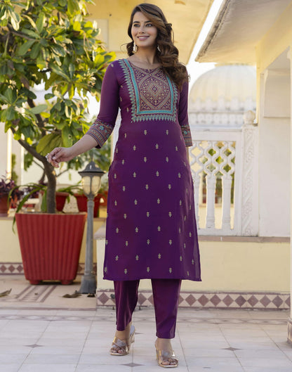 Wine Cotton Printed Straight Kurta Set With Dupatta