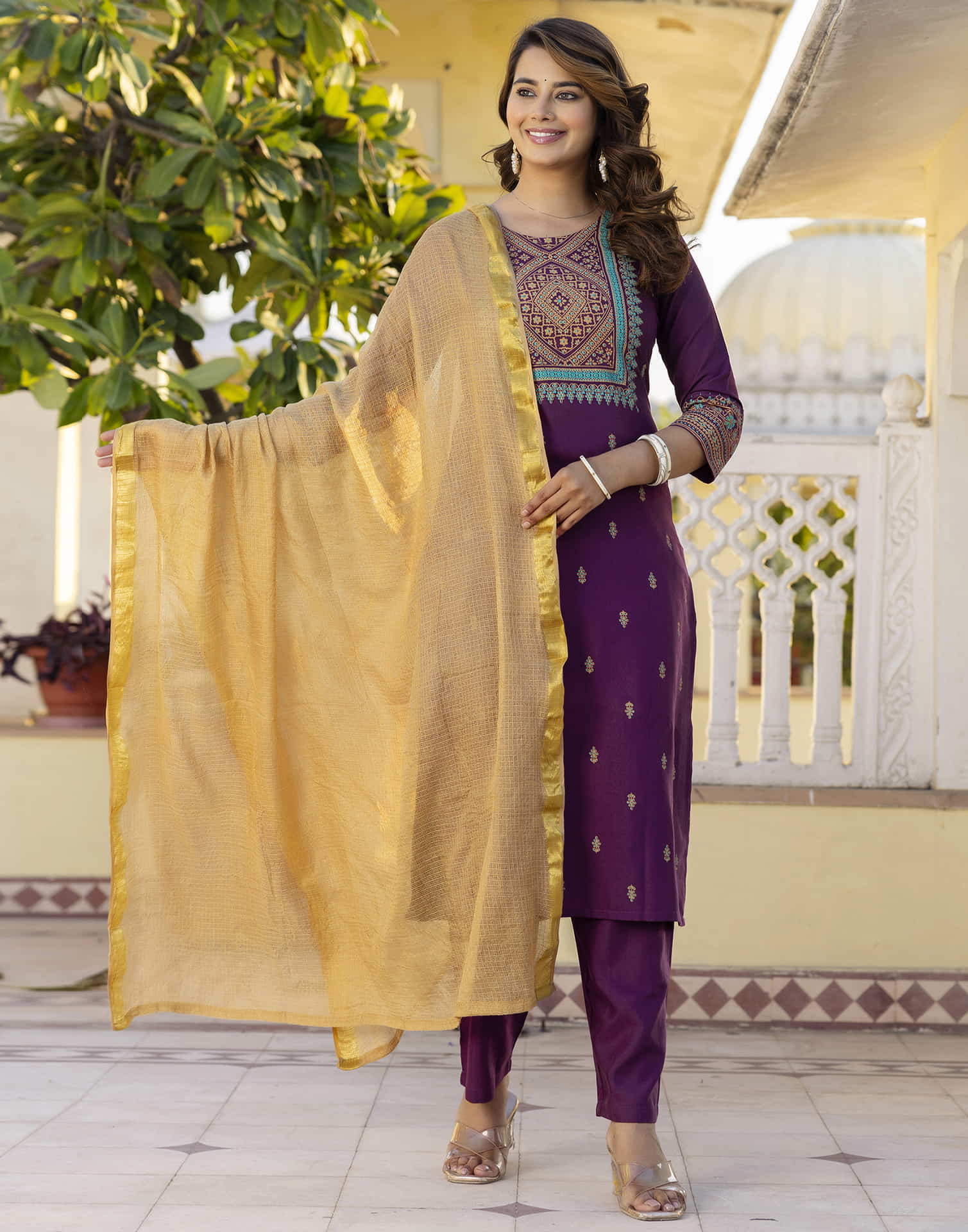 Wine Cotton Printed Straight Kurta Set With Dupatta