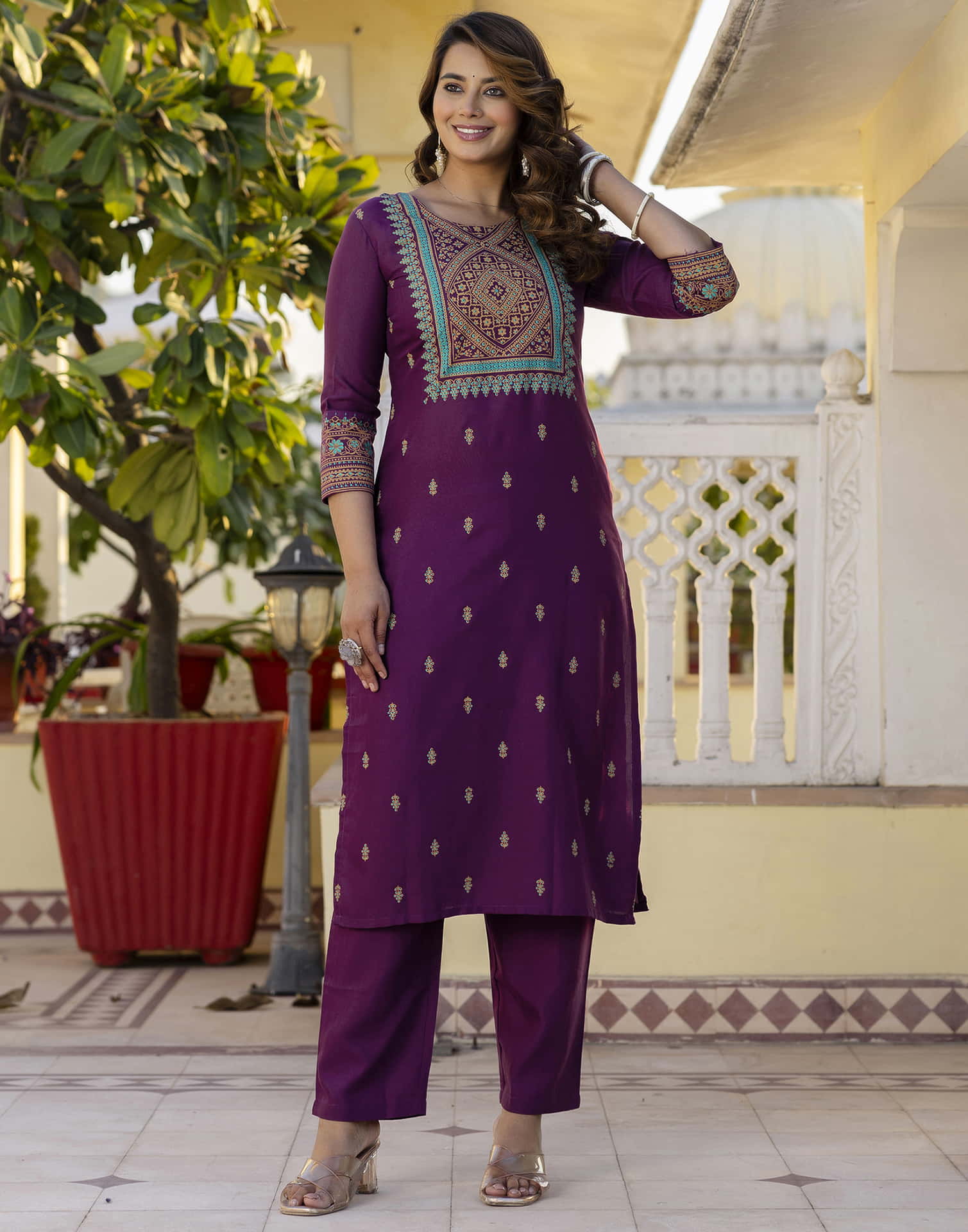 Wine Cotton Printed Straight Kurta Set With Dupatta