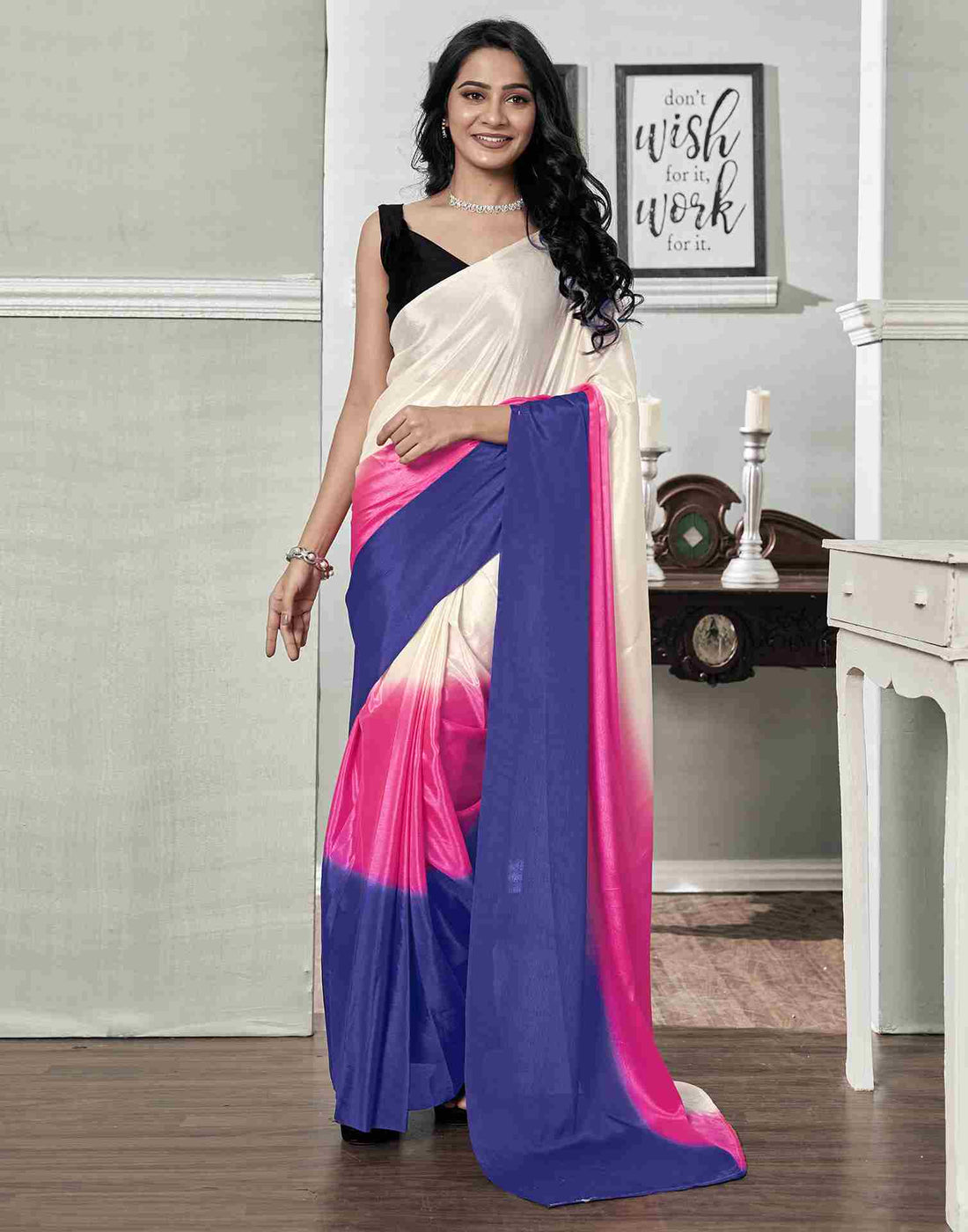 Ready To Wear Cream Chiffon Plain Saree