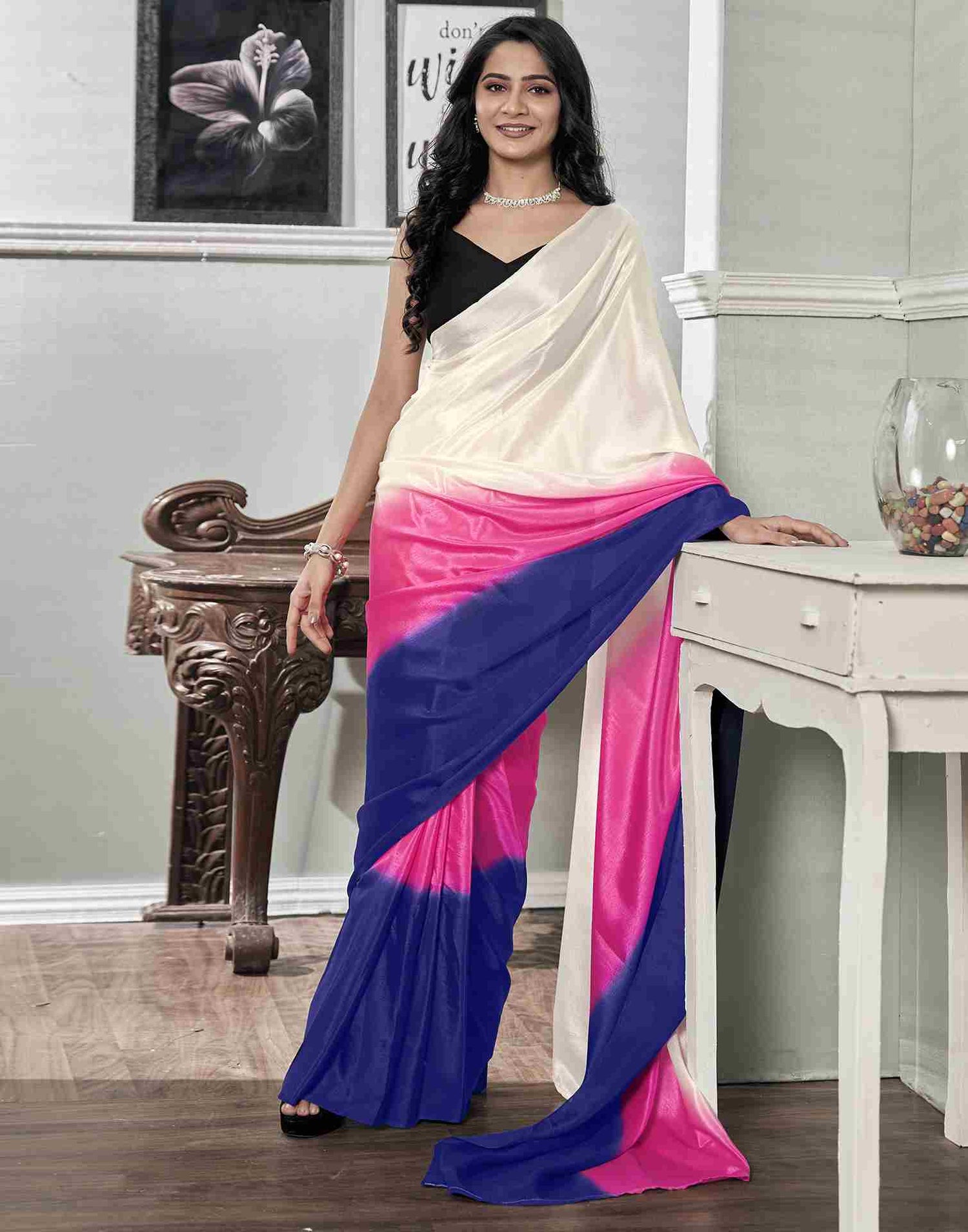 Ready To Wear Cream Chiffon Plain Saree